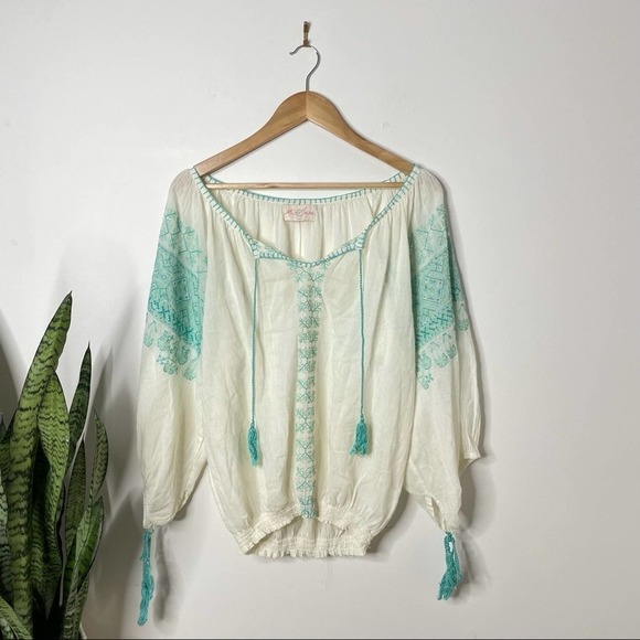 Miss June White Green Embroidered Blouse OS - Picture 1 of 12